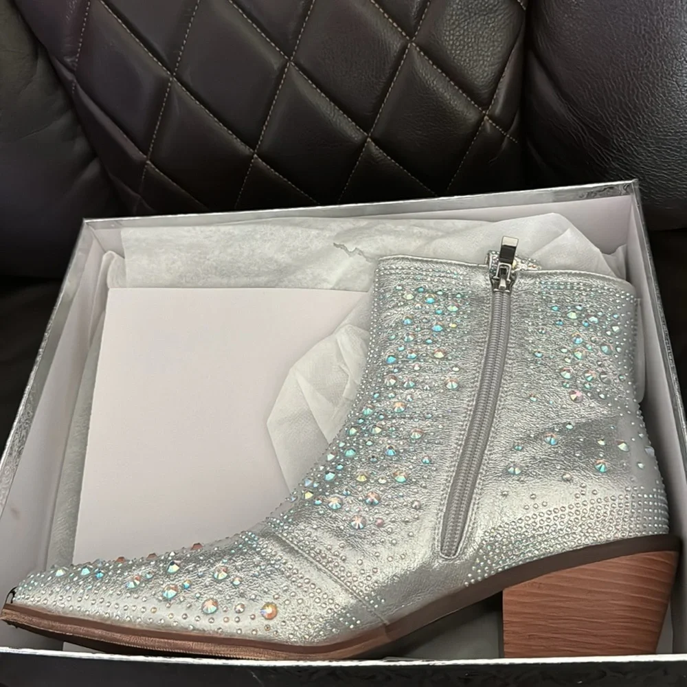 ISNOM Rhinestone Cowboy Boots Sparkly Ankle Boots with Pointed Toe and C…